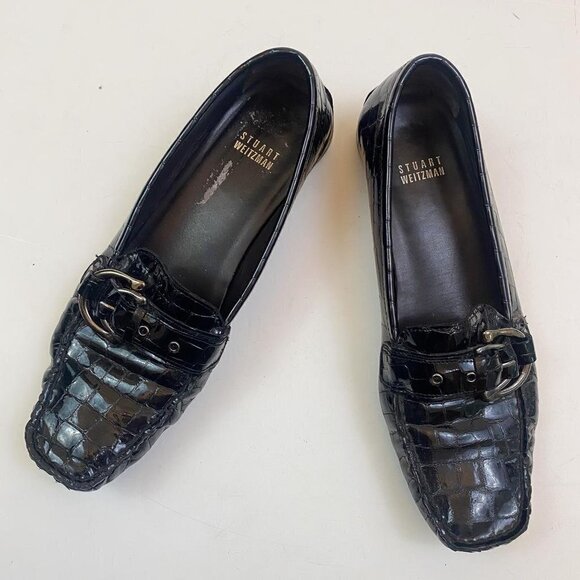 Stuart Weitzman Black Croc-Embossed Loafers - Picture 1 of 8